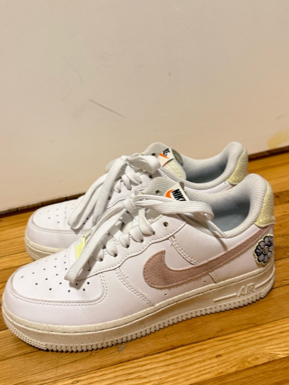 Nike White Sneakers with Beige Swoosh and Floral Heel
